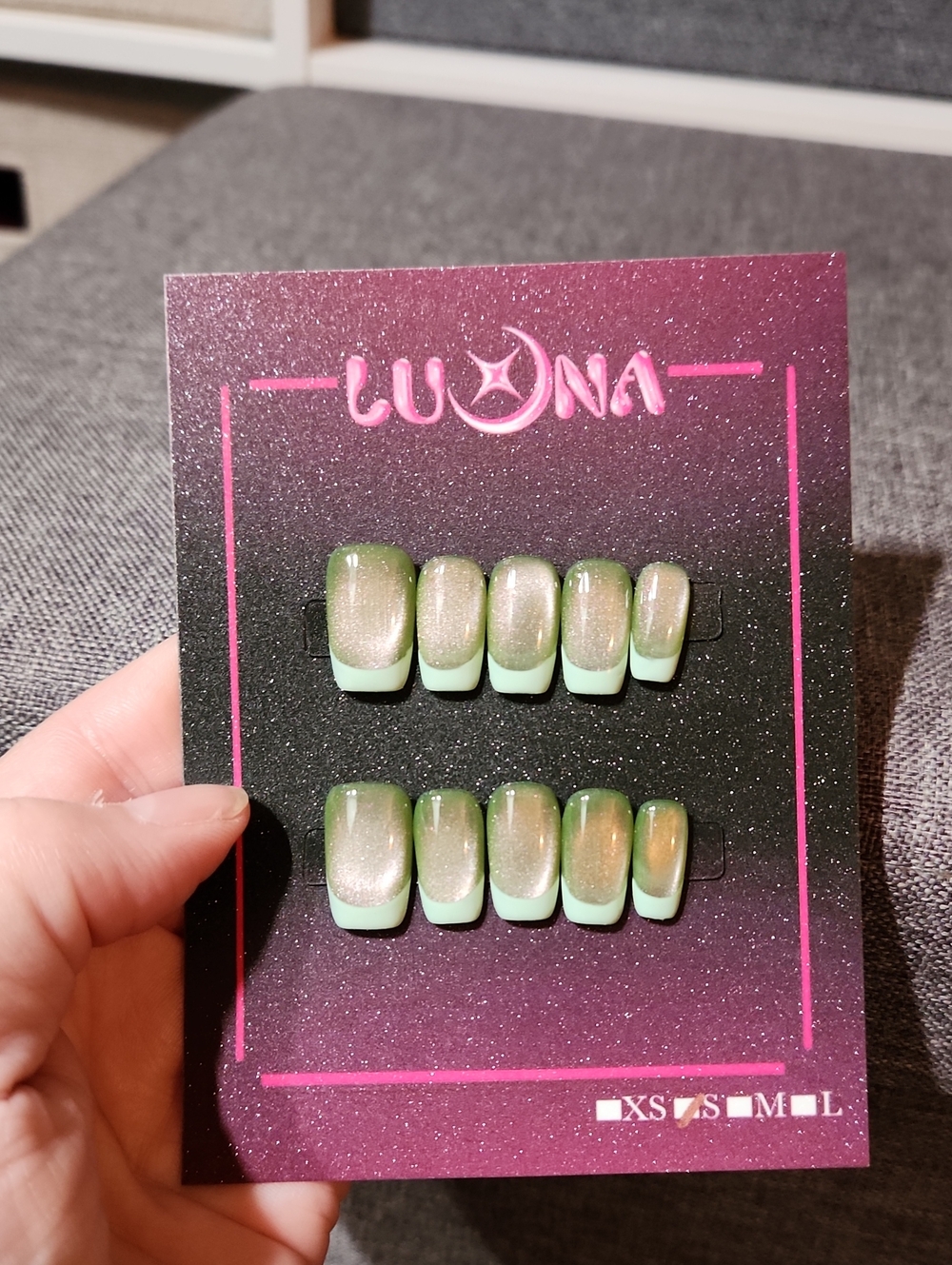 Pink/Green Effect Press On Nails. Size Small